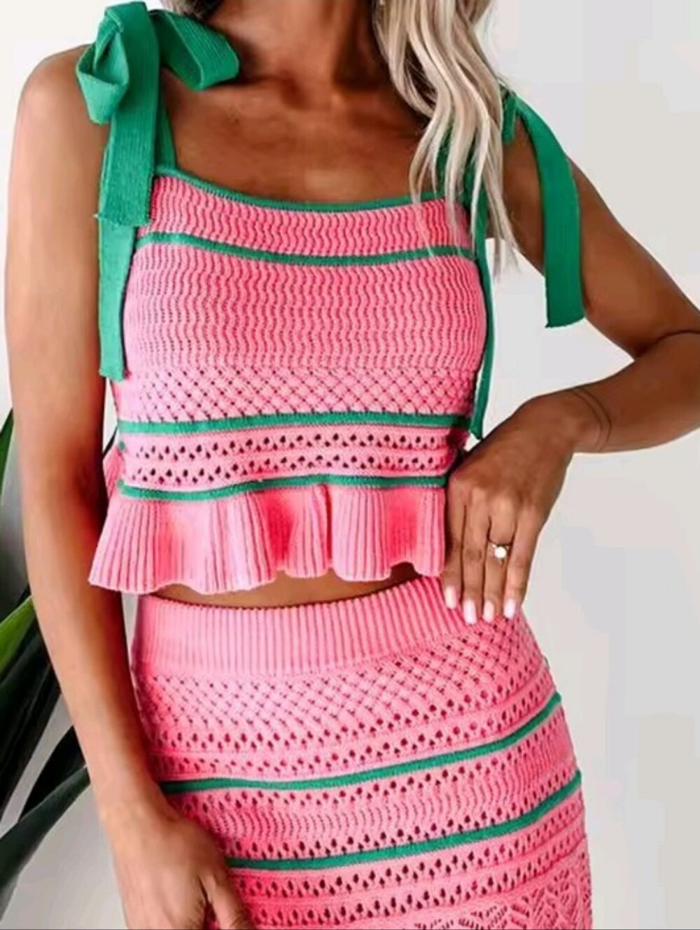 Women's 2 Piece Outfits Aesthetic Sweater Set Stripe Tie-Up Shoulder Straps - Picture 1 of 5